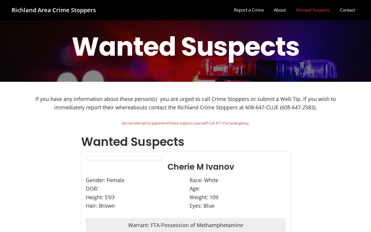 Screenshot of the Richland Area Crime Stoppers Wanted Suspects page