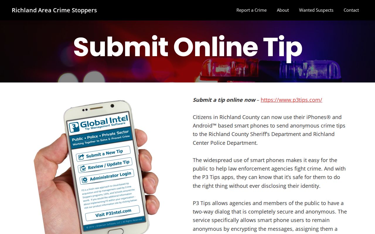 Screenshot of the Richland Area Crime Stoppers anonymous tip submission page