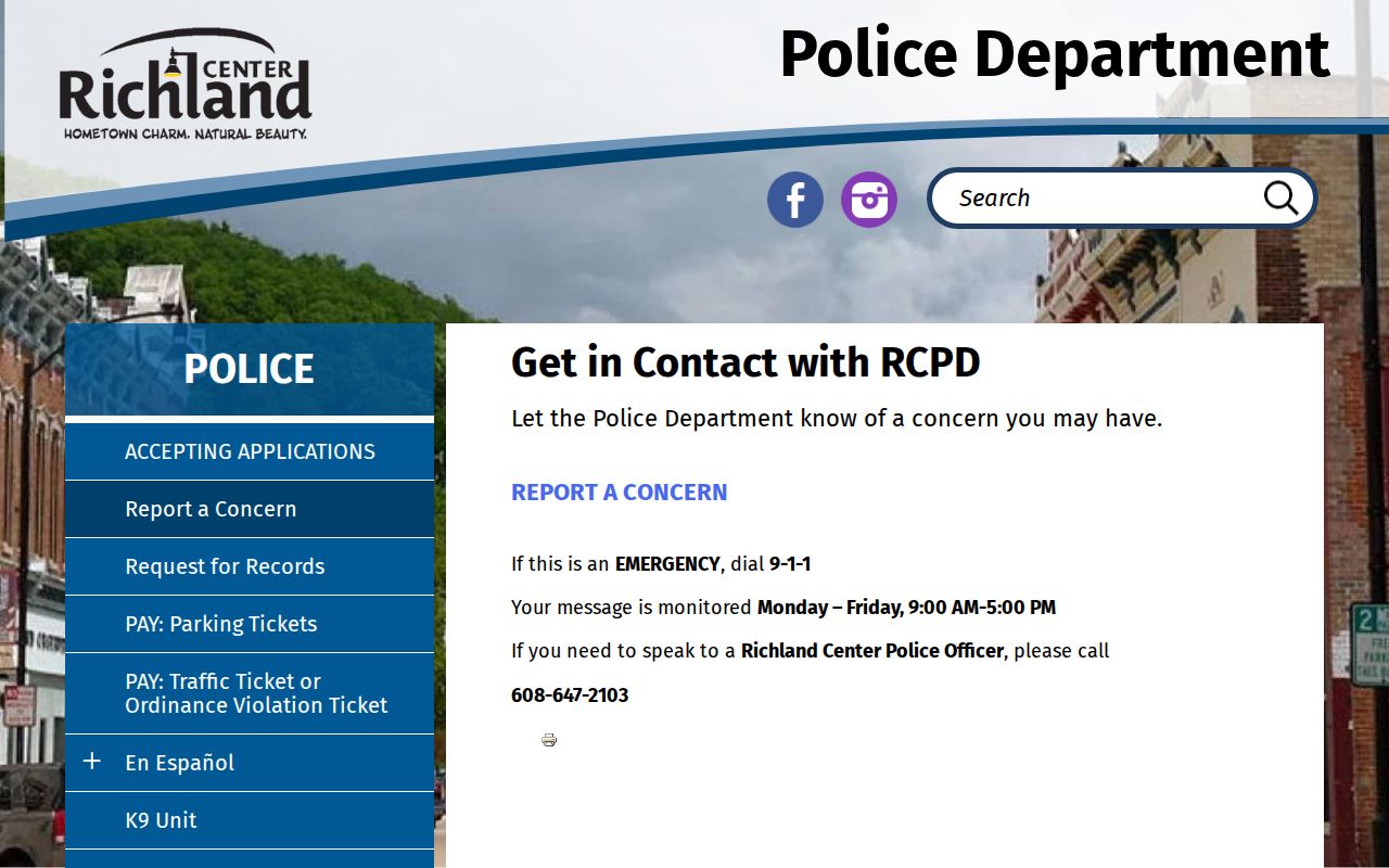 Richland Center Police contact page for arrest-record requests
